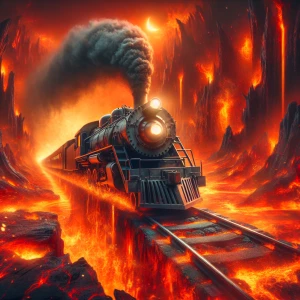 The locomotive dubbed "The Crazy Train" maneuvers through a fiery, inferno-like landscape that embodies hell, with dramatic visual elements suggesting speed and chaos.