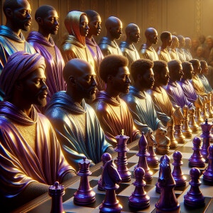 3-D realistic oil, painting, Oh a gold, and purple human chessbo...