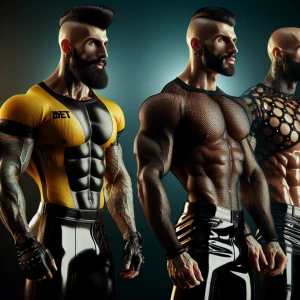 Two muscular big bodybuilder men stand close together, both wear...