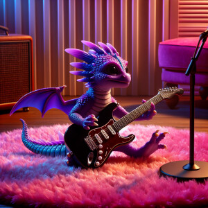 A purple baby dragon playing the electric guitar on a pink shag...
