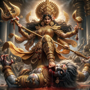 photograph of angry looking, indian goddess trampling a defeated...