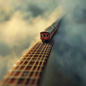 a miniature train rides along the guitar neck, surreal poetry, s...