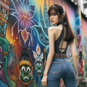 Attractive, Asian teenage girl, long brown hair and bangs, wearing tight skinny jeans and a halter top paint marks on her clothing, backside view heroic pose Asian graffiti