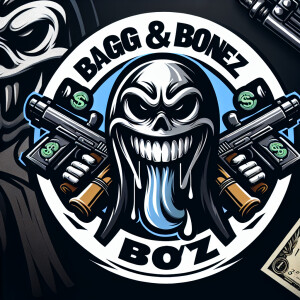 Create a circular, comic-style logo portraying an evil round smi...