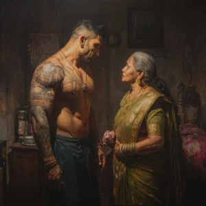 Photo Hyperrealism, painting,a muscular beefy tattoed gujarati s...