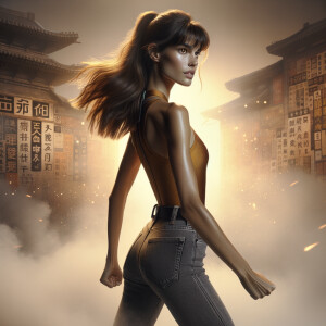 Athletic Thin skinny Attractive, Asian teenage girl, long brown hair and bangs, wearing tight skinny jeans and a halter top paint marks on her clothing, heroic pose Asian graffiti background, backside view