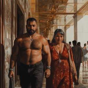 Hyperrealistic painting 1:1.A sweaty beefy muscular man criminal...