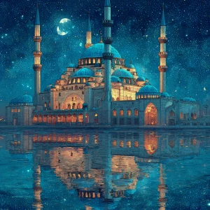 Create an image of a magnificent mosque featuring radiant blue d...