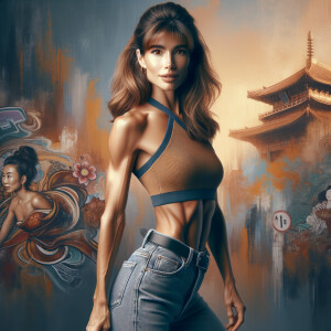 Athletic Thin skinny Attractive, Asian teenage girl, long brown hair and bangs, wearing tight skinny jeans and a halter top paint marks on her clothing, heroic pose Asian graffiti background, side view