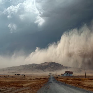 Harsh winds blow, dust clouds rise, and a storm approaches