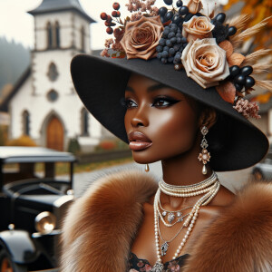 Create an image of a sophisticated woman with dark skin, wearing...