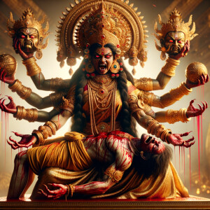 portrait of angry looking, four-armed indian goddess sitting on...