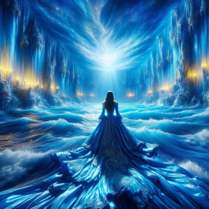 On a blue ocean, a woman dressed with a long blue dress, whose l...