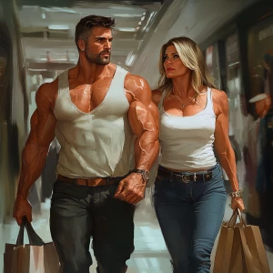 Realism  style.A muscular, sweaty man walking with his 43 years...