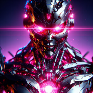 Angry female robot warrior with pink glowing eyes