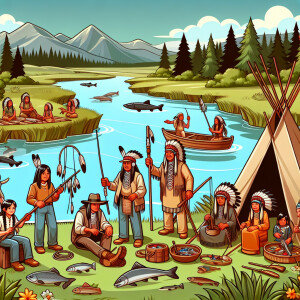 Visuals of a serene natural landscape with traditional Native Am...