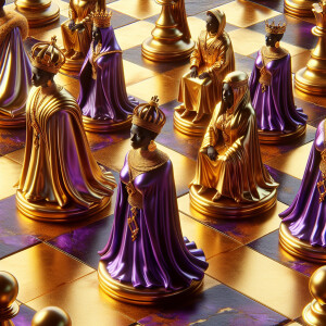 3-D realistic oil, painting, Oh a gold, and purple human chessbo...
