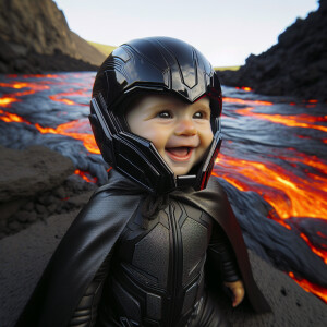 Closeup portrait of Adorable happy baby Darth Vader standing by...