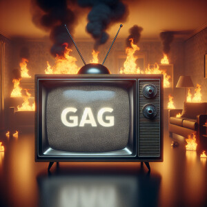 A tube tv with the word “GAG” flashing on the screen in a burnin...