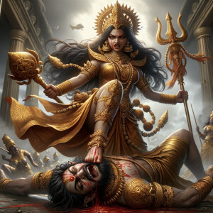 portrait of angry looking, indian goddess trampling a defeated mahishasur with her foot, while he is lying on the ground, she has a trident in her hand. She is wearing gold armor, a huge gold crown, gold saree, abundant  gold jewelry, covered in blood. The scene is set in ancient India. The image is 8K resolution, cinematic, photography, ultra detailed face and epic.