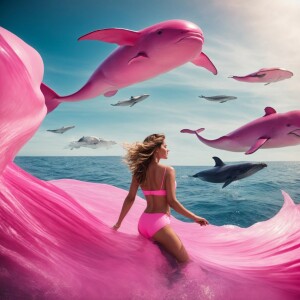 A woman in a pink bikini elegantly gliding next to magnificent w...