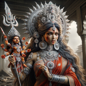 photograph of angry looking, gorgeous goddess durga cosplayer carrying a weak mahishasur in her two arms. She is wearing a huge silver crown, red saree, abundant silver jewelry, covered in blood. The scene is set in ancient India. The image is 8K resolution, cinematic, ultra detailed face and epic.