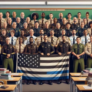 A classroom of uniformed deputy sheriffs standing in formation,...