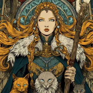 Graphic novel style illustration of Freyja, Norse goddess of lov...