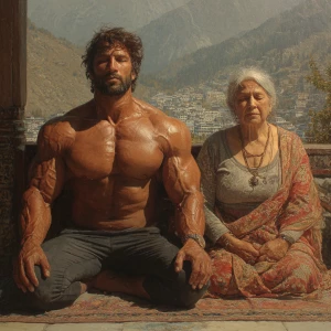 HyperRealism,photo real painting.A man muscular beefy sweaty doi...