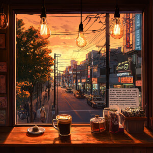 "An anime-style cozy café scene, viewed from inside and looking...