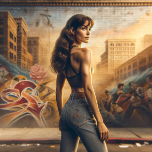 Athletic Thin skinny Attractive, Asian teenage girl, long brown hair and bangs, wearing tight skinny jeans and a halter top paint marks on her clothing, heroic pose Asian graffiti background, backside view