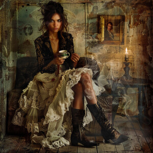 Create a mesmerizing grunge-style illustration of a fashion mode...