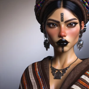 Design a character that blends Aztec, Maya, and Ashkenazi Jewish heritage, characterized by an intelligent expression and captivating presence, with a curvaceous figure and ample bust. Give her glossy black lips and glossy black makeup. Make her topless.