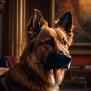Create an image of a dog inspired by the Pre-Raphaelite aestheti...