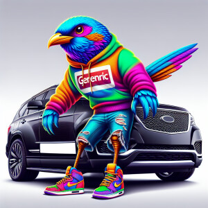 Create a colorful/psyscadelic character of big bird wearing a Ni...