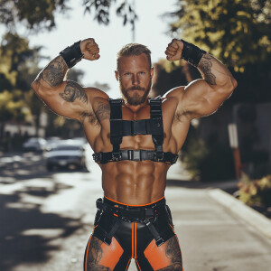 In this image, a muscular man is posing on an outdoor street, fl...