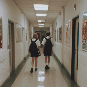 90s VHS aesthetics minimalistic school hallway with two students...