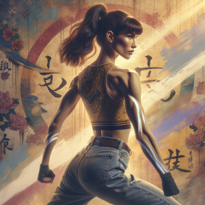 Athletic Thin skinny Attractive, Asian teenage girl, long brown hair and bangs, wearing tight skinny jeans and a halter top paint marks on her clothing, heroic pose Asian graffiti background, backside view