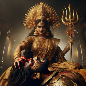 photograph of angry looking, indian goddess trampling a defeated...