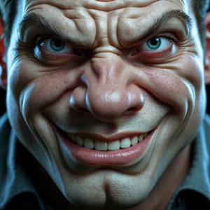 close-up portrait of The Predator with a highly exaggerated and...