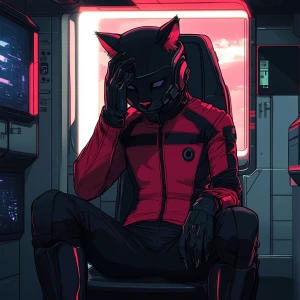 A humanoid cat character, sitting in a relaxed posture with one...