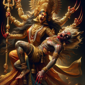 portrait of angry looking goddess durga  carrying a weak mahishasur in her arms and stabbing him with her amazingly long red fingernails. She is wearing gold armor, a huge gold crown, gold saree, abundant  gold jewelry, covered in blood. The scene is set in ancient India. The image is 8K resolution, cinematic, ultra detailed face and epic.