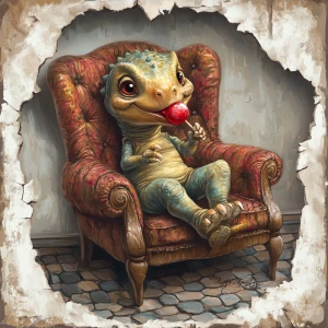 A cute little dinosaur with a fun, happy expression, is sitting on a vintage quilted reading chair.  His head shows the nobbed spikes of a dinosaur. He has a bright shiny red lollipop in his hand and is licking it. His tongue shows that he is licking the lollipop. The scene is shown in dark lighting with the light accetuated on the dinosaur. The scene is shown through a hole in the wall. The floor part of the scene is vintage dark cobble stones. The hole in the white wall is realistic.