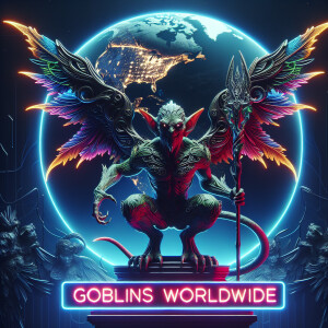 goblin figure with intricately designed wings, neon 'Goblins Wor...