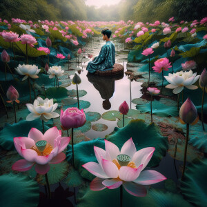 Kneeling in a lotus pond, lots and lots of lotus flowers