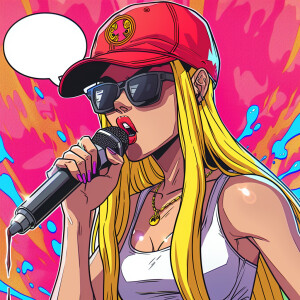 female cartoon character with yellow long hair, sunglasses, and...
