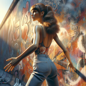 Athletic Thin skinny Attractive, Asian teenage girl, long brown hair and bangs, wearing tight skinny jeans and a halter top paint marks on her clothing, heroic pose Asian graffiti background, backside view