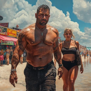 Photorealism,a muscular sweaty beefy man walking with his 53 yea...