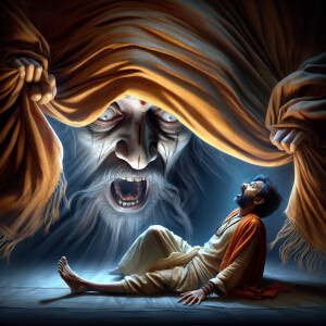 As an unsuspecting man looks beneath a cloth, draped over the cu...