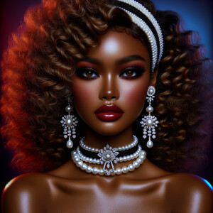 Envision a light-skinned African-American Hawaiian woman, embodying a mix of cultural elegance. Her hair is styled in glamorous, voluminous curls that frame her face, with a chic white and black headband accented by a luxurious pearl and diamond brooch. Her makeup is classic and sophisticated, with a smoky eye and deep red lipstick that complements her complexion. Adorning her neck are strands of pearls, adding to her opulence, and her ears feature large, chandelier earrings with pearls and diamonds that glisten. She carries the grace of Hawaiian charm, with her head slightly tilted in a dignified pose, her eyes full of depth and history. The background is a rich, dark shade that contrasts with her radiant skin.